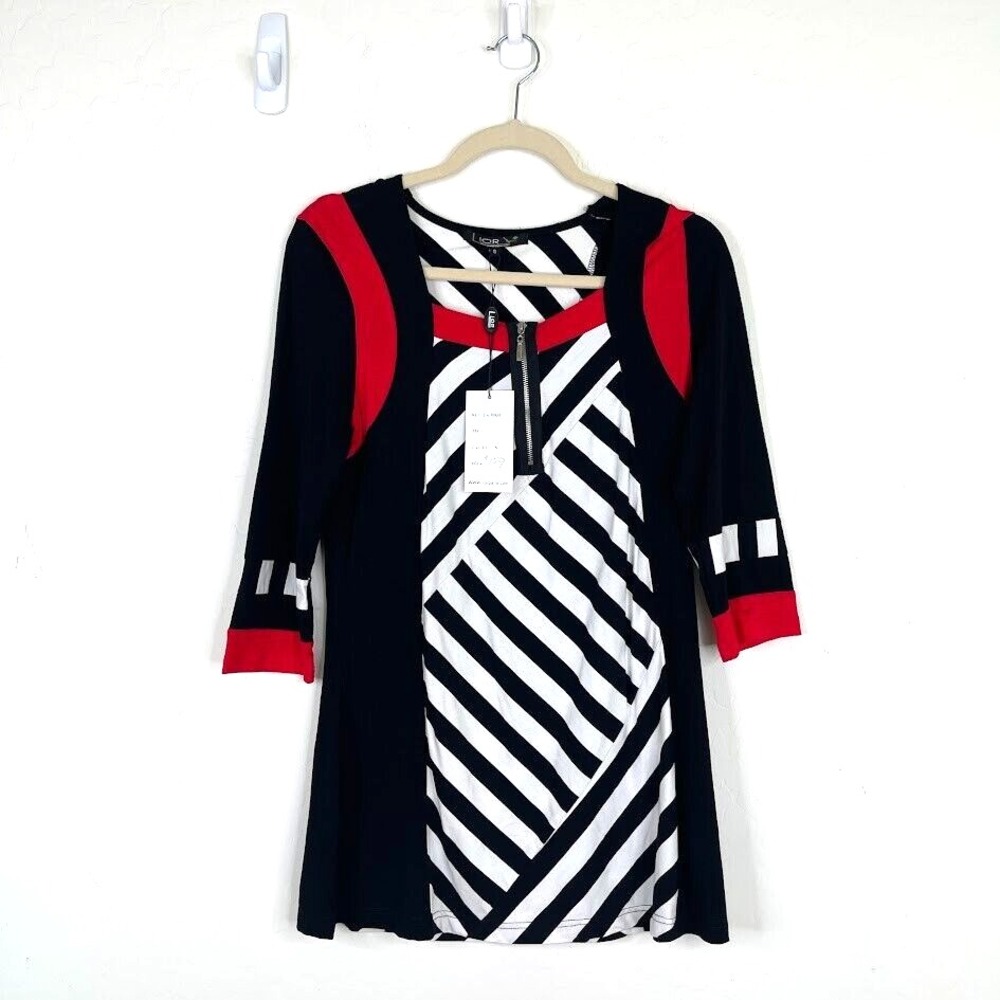 NEW Lior Abstract Artsy Striped Jersey Stretch Tunic‎ Top Parisian Black Small